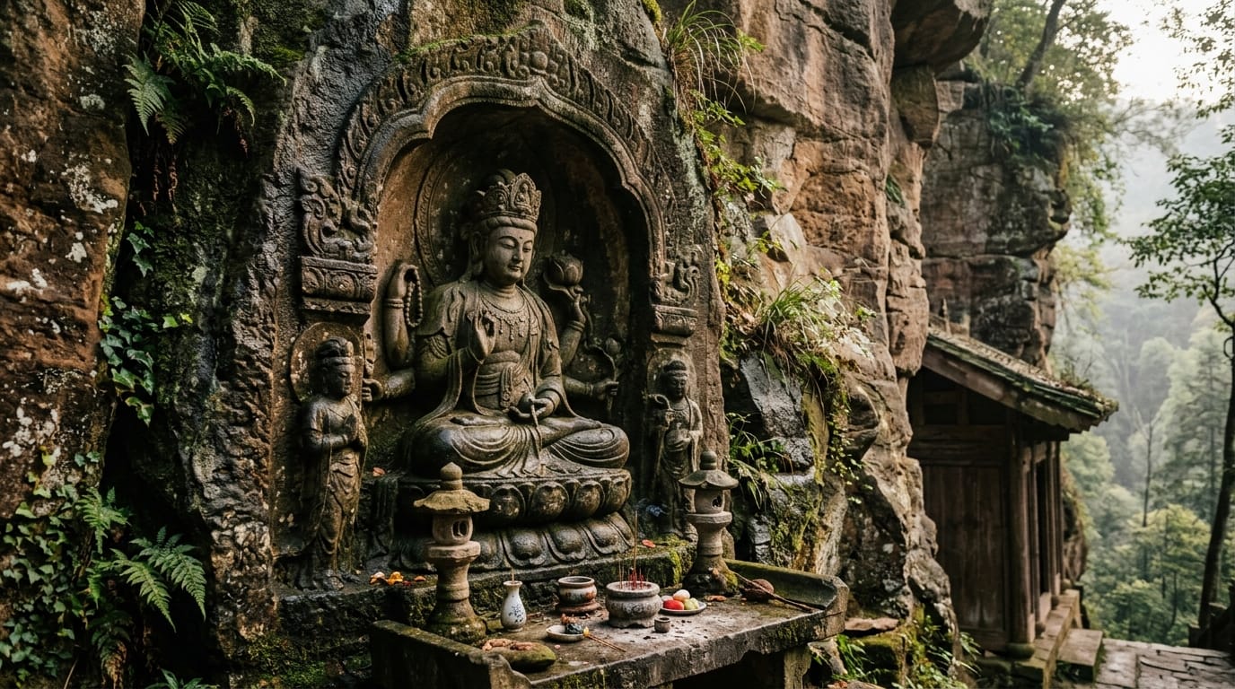 Talla histórica en piedra de Avalokiteshvara en un templo de montaña, personificación arquetípica de la compasión universal en el budismo Mahayana