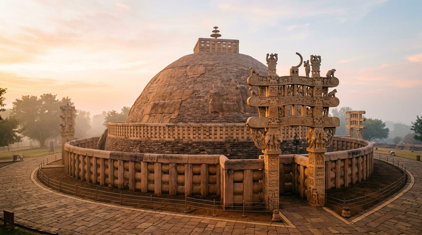 La Gran Estupa de Sanchi en la India, con su cúpula hemisférica de piedra y el portal torana tallado al amanecer