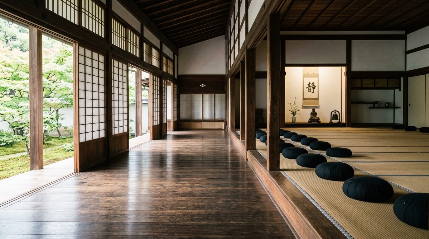 Sala de meditación (zendo) tradicional con suelo de cedro, tatamis y zafus alineados al amanecer